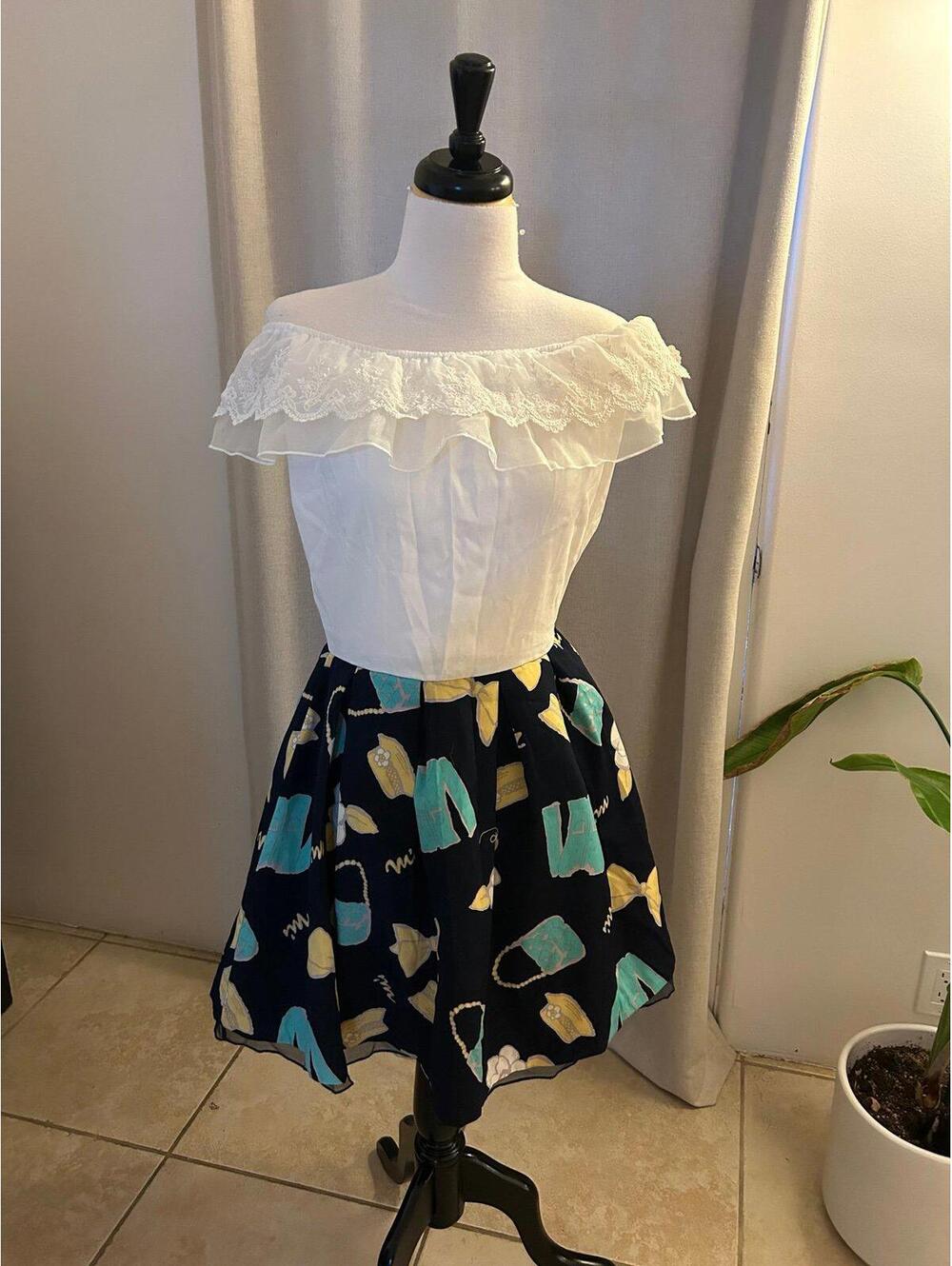 1950s Novelty Print Dress Knee Length Handbags Heels Pinup Rockabilly S/M